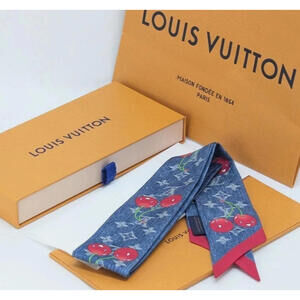 NEW Louis Vuitton Takashi Murakami Bandeau BB Scarf Denim Cherry Cerise Cherries